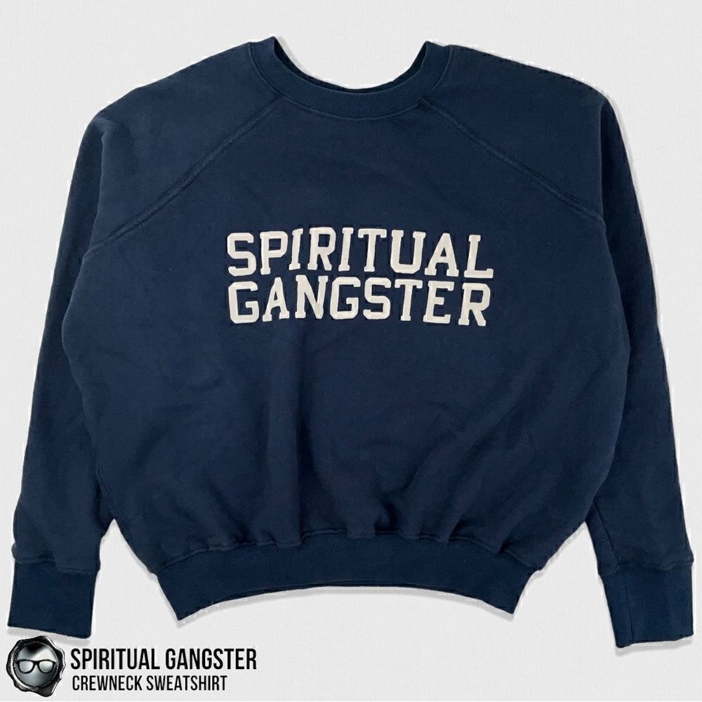 SPIRITUAL GANGSTER WOMEN’S COTTON VARSITY CREWNECK SWEATSHIRT VINTAGE NAVY BLUE - Picture 10 of 12